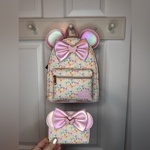 Loungefly Handbags - NWT Loungefly Disney Minnie Mouse  Butterfly Iridescent Backpack and NWT Wallet
